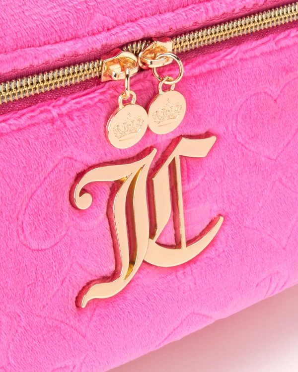 Juicy Couture Hot Pink Makeup Bag Cosmetics Organizer Travel Essentials Train Case Velour Heart Crown-2