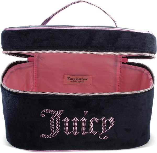 Juicy Couture Black Pink Makeup Bag Cosmetics Organizer Travel Essentials Train Case Velour Rhinestones juicy beauty