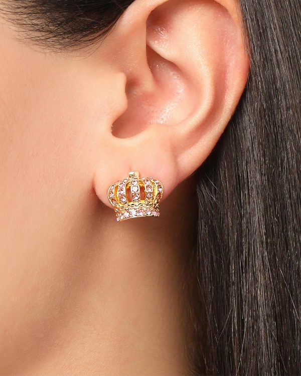 Juicy Couture Necklace and Crown Stud Earrings for Women with Pink Crystals, Gold Tone Jewelry Set juicy made