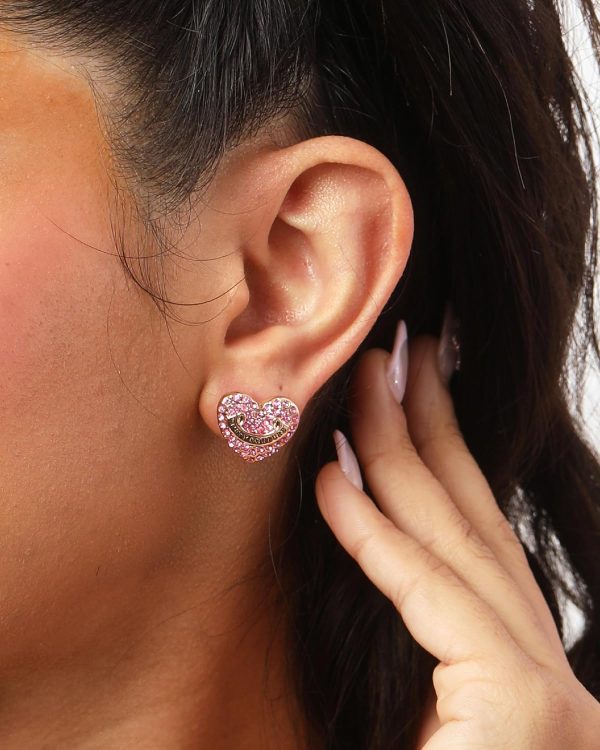 Juicy Couture Logo Heart Stud Earrings for Women with Stone Embellishments, Rhodium or Gold-Tone Heart Earrings, Juicy Gifts-1