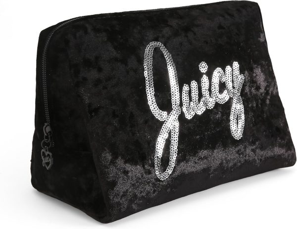 Juicy Couture Black Makeup Bag Cosmetics Organizer Travel Essentials Zip Top Wedge Crushed Velvet Sequin Logo makeupforever