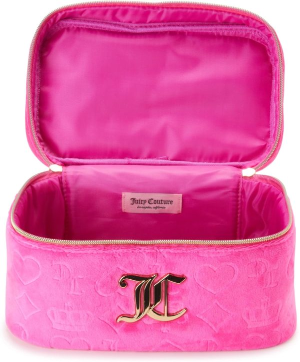 Juicy Couture Hot Pink Makeup Bag Cosmetics Organizer Travel Essentials Train Case Velour Heart Crown-4