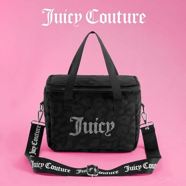 Juicy Couture Chill Couture Lunch Tote Bag With Adjustable Strap, Black Debossed Leopard Velour with Silver Juicy Rhinestones - Women's Lunch Box Bag for Work, School, Travel-3