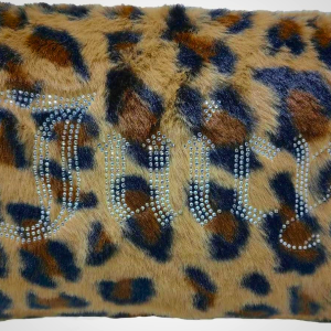 Juicy Couture Brown Makeup Bag Cosmetics Organizer Travel Essentials Zip Top Wedge Leopard Print Faux Fur Rhinestone