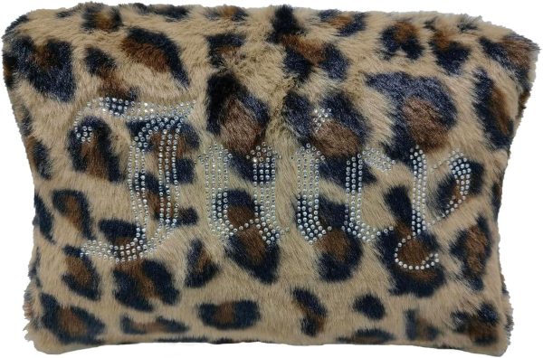 Juicy Couture Brown Makeup Bag Cosmetics Organizer Travel Essentials Zip Top Wedge Leopard Print Faux Fur Rhinestone baguette