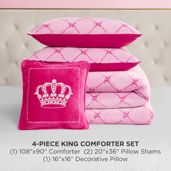 Juicy Couture Plush Reversible Trellis Link 4-Piece King Comforter Set with Decorative Pillow, Pink reversible jacket