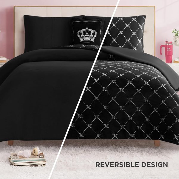 Juicy Couture Plush Reversible Trellis Link 3-Piece Twin/Twin XL Comforter Set with Decorative Pillow, Black-2