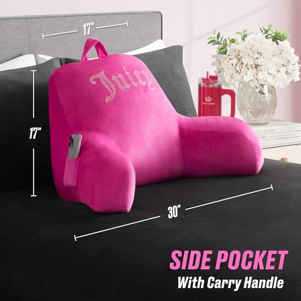 Juicy Couture Velour Backrest Pillow with Rhinestone Juicy Logo - 30"x17", Hot Pink Supportive Bed Rest Pillow for Reading, Gaming, or Relaxing-3