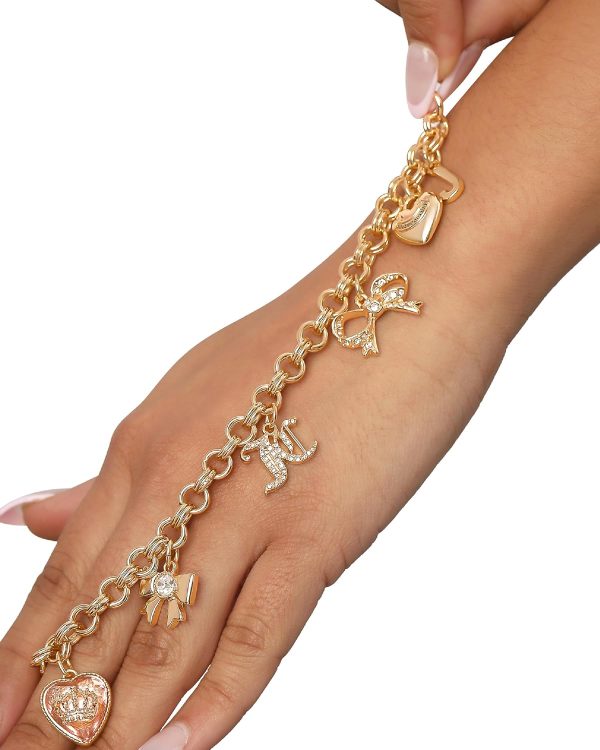 Juicy Couture Bracelet 7-7.5", Goldtone Charm Bracelets for Women with 6 Different Charms Featuring Clear Stones-3