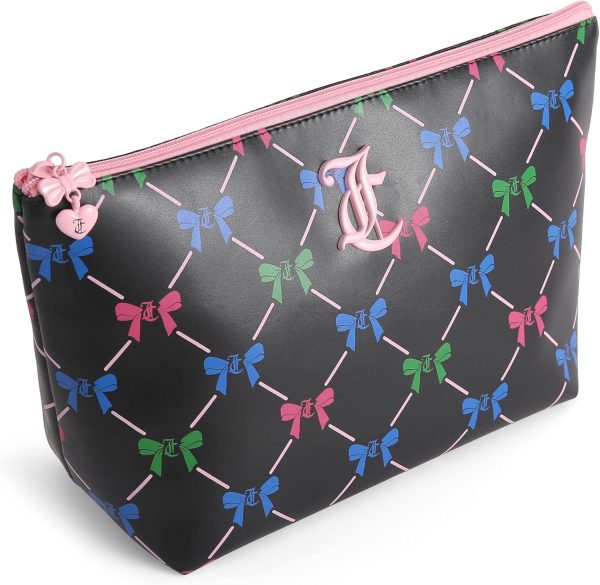 Juicy Couture Black Makeup Bag Cosmetics Organizer Travel Essentials Top Zip Pouch Multi Color Bow couture pronunciation
