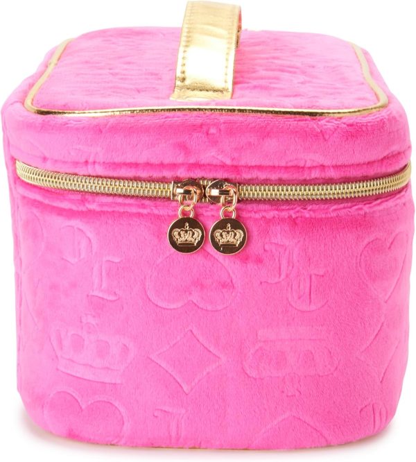 Juicy Couture Hot Pink Makeup Bag Cosmetics Organizer Travel Essentials Train Case Velour Heart Crown-3