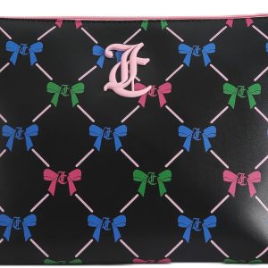 Juicy Couture Black Makeup Bag Cosmetics Organizer Travel Essentials Top Zip Pouch Multi Color Bow makeup mirror