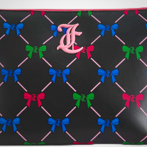 Juicy Couture Black Makeup Bag Cosmetics Organizer Travel Essentials Top Zip Pouch Multi Color Bow