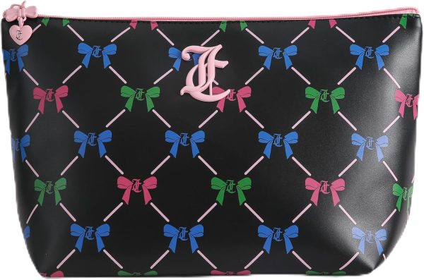 Juicy Couture Black Makeup Bag Cosmetics Organizer Travel Essentials Top Zip Pouch Multi Color Bow makeup mirror