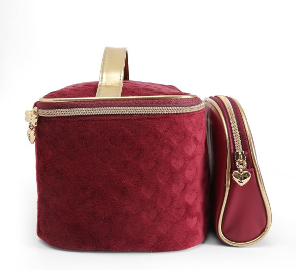 Juicy Couture Red Makeup Bag Cosmetics Organizer Travel Essentials Train Case Coin Purse Velour Heart Faux Leather Rhinestone couture font