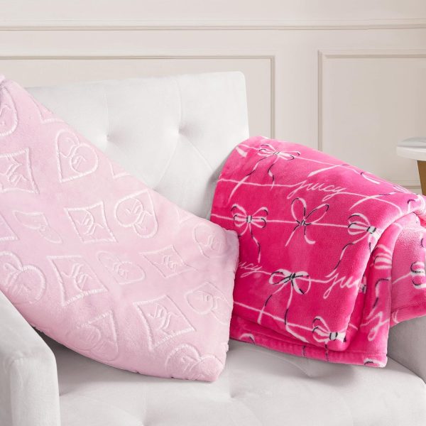 Juicy Couture Plush Throw Blanket Set - 2 Piece Set: 50" x 70" & 60"x 90", Royal Embossed/Bow plushie