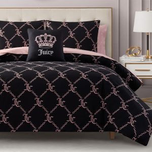 Juicy Couture Black Link Logo Printed Comforter Set, Queen – Complete 8-Piece Bed in a Bag Collection-0
