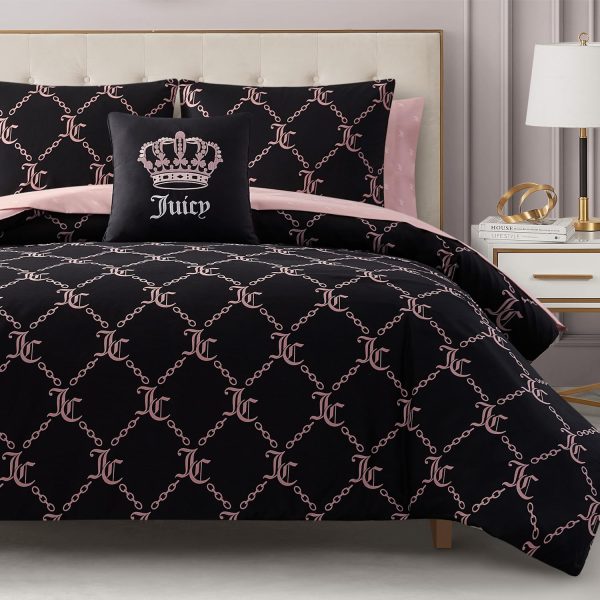 Juicy Couture Black Link Logo Printed Comforter Set, Queen – Complete 8-Piece Bed in a Bag Collection-0