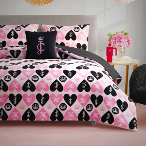 Juicy Couture Plush Reversible Queen Heart Logo 4-Piece King Comforter Set with Decorative Pillow, Pink