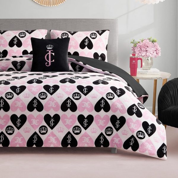 Juicy Couture Plush Reversible Queen Heart Logo 4-Piece King Comforter Set with Decorative Pillow, Pink plush
