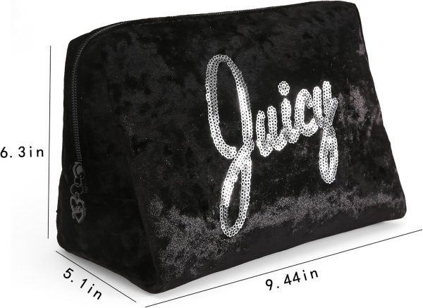 Juicy Couture Black Makeup Bag Cosmetics Organizer Travel Essentials Zip Top Wedge Crushed Velvet Sequin Logo juicy beauty