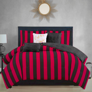 Juicy Couture Cabana Stripe Reversible Bedding Set - Queen/Full Size - Black and Hot Pink Stripe Print – 6 Piece Set – Includes 1 90" x 90" Comforter, 3 Decorative Pillows, 2 Shams