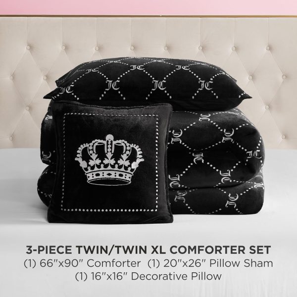 Juicy Couture Plush Reversible Trellis Link 3-Piece Twin/Twin XL Comforter Set with Decorative Pillow, Black-1