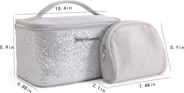 Juicy Couture Silver Makeup Bag Cosmetics Organizer Travel Essentials Train Case Coin Purse Glitter Rhinestone Velour-4