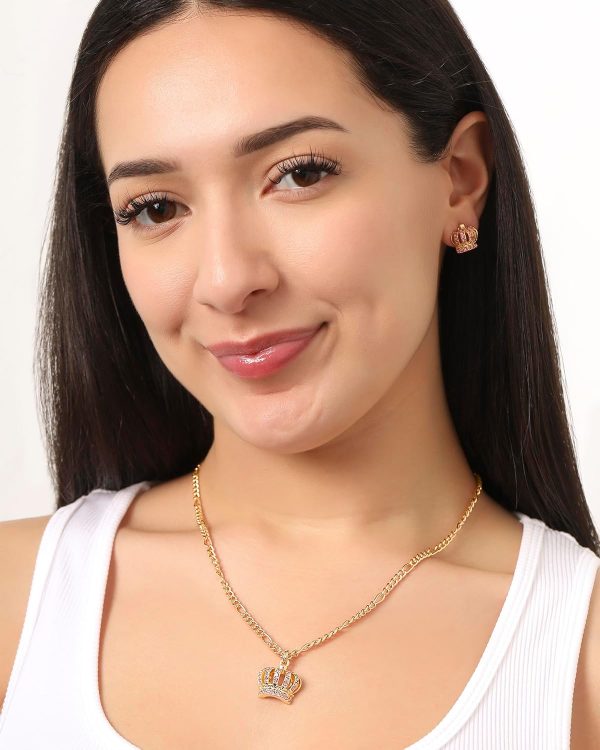 Juicy Couture Necklace and Crown Stud Earrings for Women with Pink Crystals, Gold Tone Jewelry Set-1