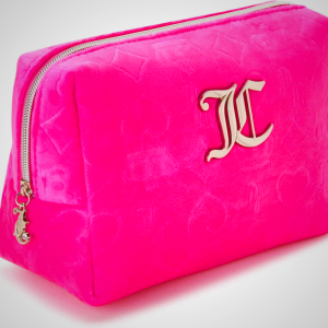 Juicy Couture Hot Pink Makeup Bag Cosmetics Organizer Travel Essentials Zip Top Wedge Velour Heart Crown