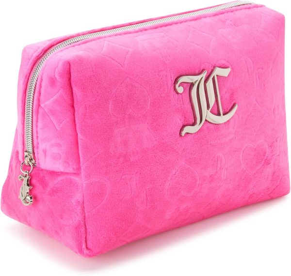 Juicy Couture Hot Pink Makeup Bag Cosmetics Organizer Travel Essentials Zip Top Wedge Velour Heart Crown pink floyd