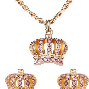 Juicy Couture Necklace and Crown Stud Earrings for Women with Pink Crystals, Gold Tone Jewelry Set couture meaning