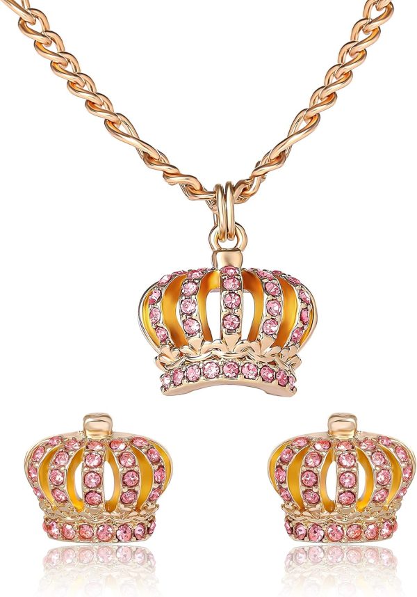Juicy Couture Necklace and Crown Stud Earrings for Women with Pink Crystals, Gold Tone Jewelry Set couture meaning