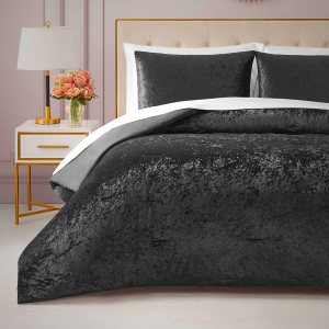 Juicy Couture Crushed Velvet Queen Comforter and Sham Set, 3-Piece Full/Queen Bedding Set - (1) 90"x90" Comforter and (2) 20"x26" Sham - Black