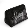Juicy Couture Black Makeup Bag Cosmetics Organizer Travel Essentials Zip Top Wedge Crushed Velvet Sequin Logo baguette