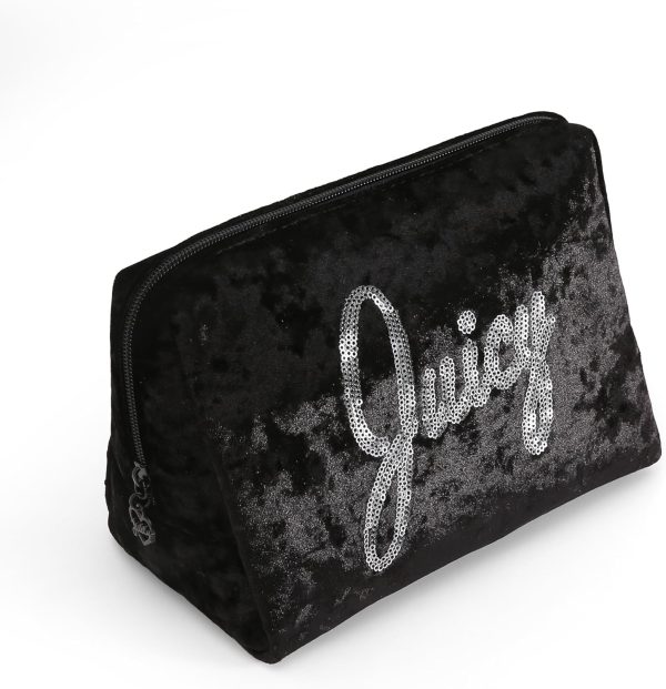 Juicy Couture Black Makeup Bag Cosmetics Organizer Travel Essentials Zip Top Wedge Crushed Velvet Sequin Logo baguette