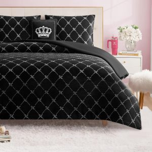 Juicy Couture Plush Reversible Trellis Link 3-Piece Twin/Twin XL Comforter Set with Decorative Pillow, Black-0