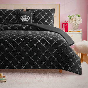 Juicy Couture Plush Reversible Trellis Link 3-Piece Twin/Twin XL Comforter Set with Decorative Pillow, Black