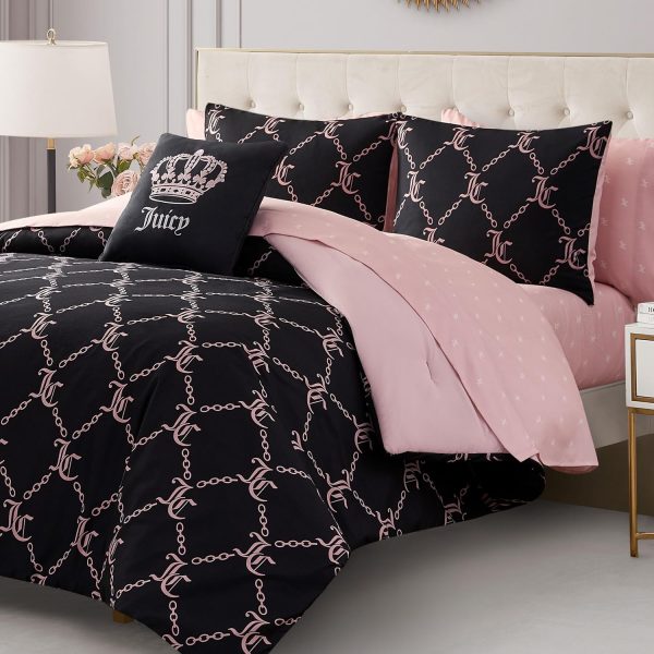 Juicy Couture Black Link Logo Printed Comforter Set, Queen – Complete 8-Piece Bed in a Bag Collection-2