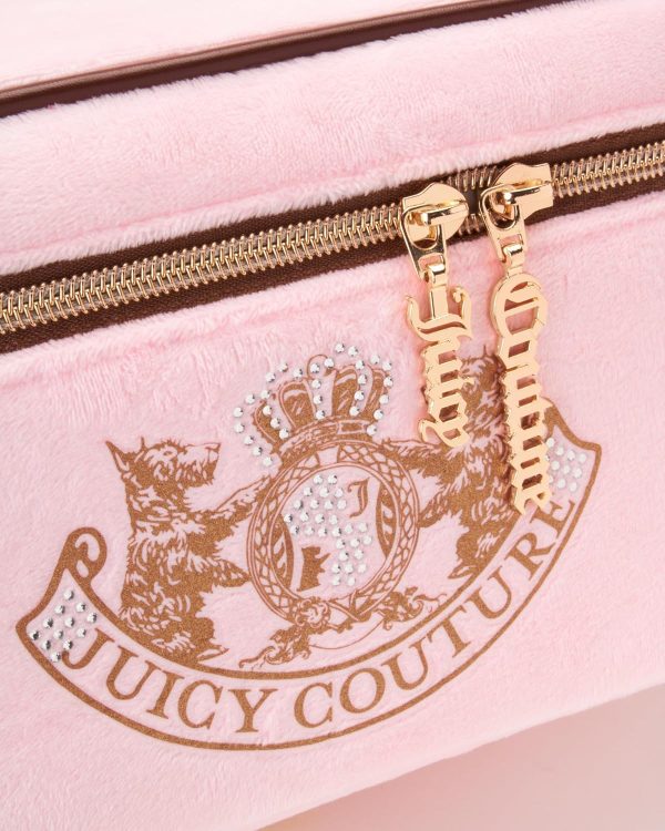 Juicy Couture Pink Makeup Bag Cosmetics Organizer Travel Essentials Train Case Gold Terroir Dog Rhinestone Crown Velour pinkoi