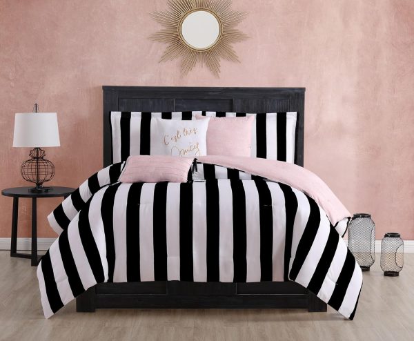 Juicy Couture Cabana Stripe Reversible Bedding Set - Queen Size - Black and White Stripe Print – 6 Piece Set – Includes 1 90" x 90" Comforter, 3 Decorative Pillows, 2 Shams-1