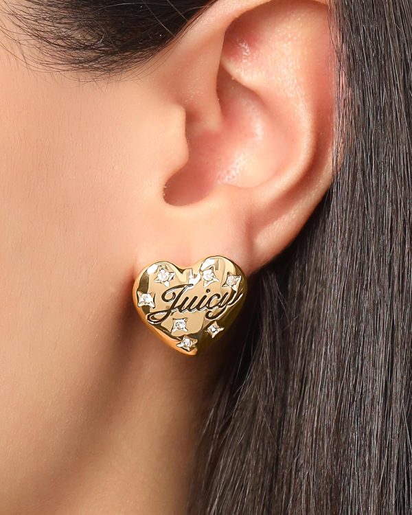 Juicy Couture Logo Heart Stud Earrings for Women with Stone Embellishments, Rhodium or Gold-Tone Heart Earrings, Juicy Gifts couture pronunciation