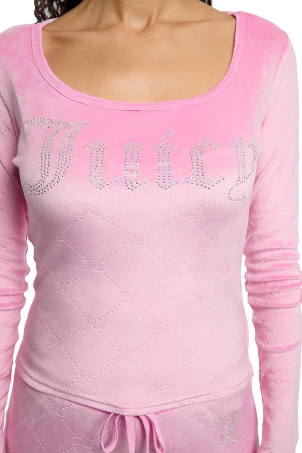 Juicy Couture Women's 2 Piece Velvet Fleece Long Sleeve Scoop Neck Fitted Top and Pants Lounge Sleepwear Set couture women s