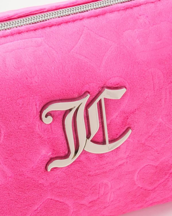 Juicy Couture Hot Pink Makeup Bag Cosmetics Organizer Travel Essentials Zip Top Wedge Velour Heart Crown hot topic