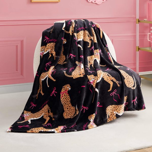 Juicy Couture Cheetah in Bows 50" x 70" Plush Throw Blanket, Black - Decorative Blankets for Sofas, Throws for Chairs, and Beds juicy couture