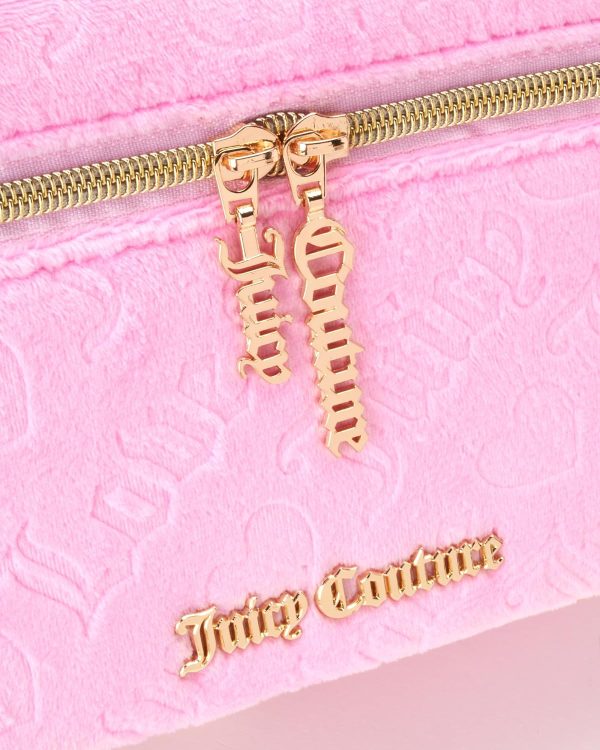 Juicy Couture Blue Makeup Bag Cosmetics Organizer Travel Essentials Train Case Velour Heart Logo couture pronunciation