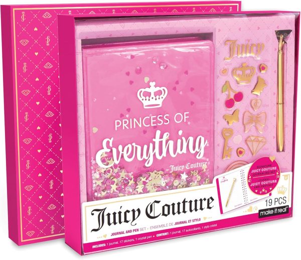 Make It Real Juicy Couture Boxed Journal Pen Set - Princess of Everything, Pink & Gold Glitter, w/Pen & Stickers, Diary for Girls Kids Tweens Teens juicy juice