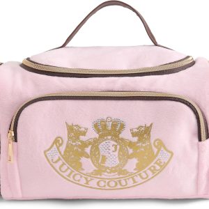 Juicy Couture Pink Makeup Bag Cosmetics Organizer Travel Essentials Duffel Velour Gold Terrier Dog Rhinestone Crown couture mini clutch