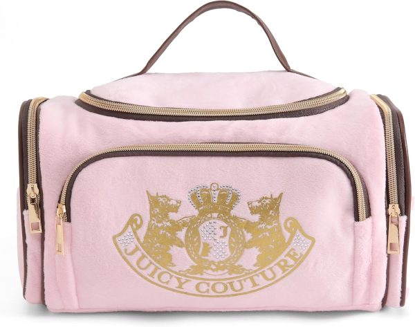 Juicy Couture Pink Makeup Bag Cosmetics Organizer Travel Essentials Duffel Velour Gold Terrier Dog Rhinestone Crown couture mini clutch