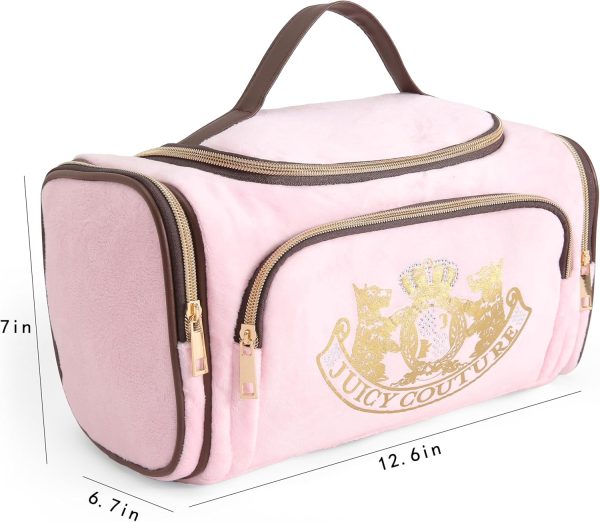 Juicy Couture Pink Makeup Bag Cosmetics Organizer Travel Essentials Duffel Velour Gold Terrier Dog Rhinestone Crown-4